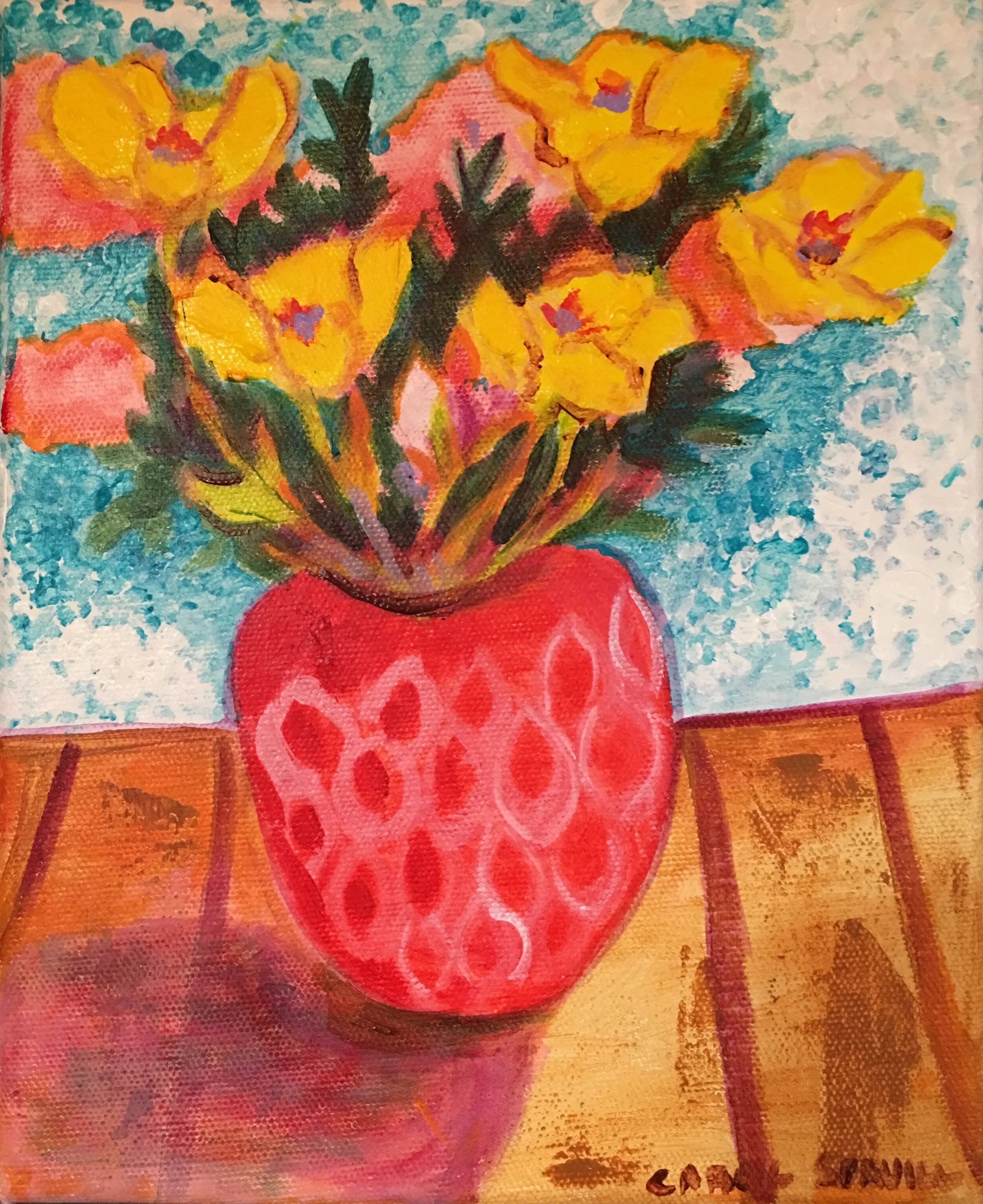 “Flowers in Red Vase,” acrylic on canvas, 10 x 8, painted in April 2018. SOLD.