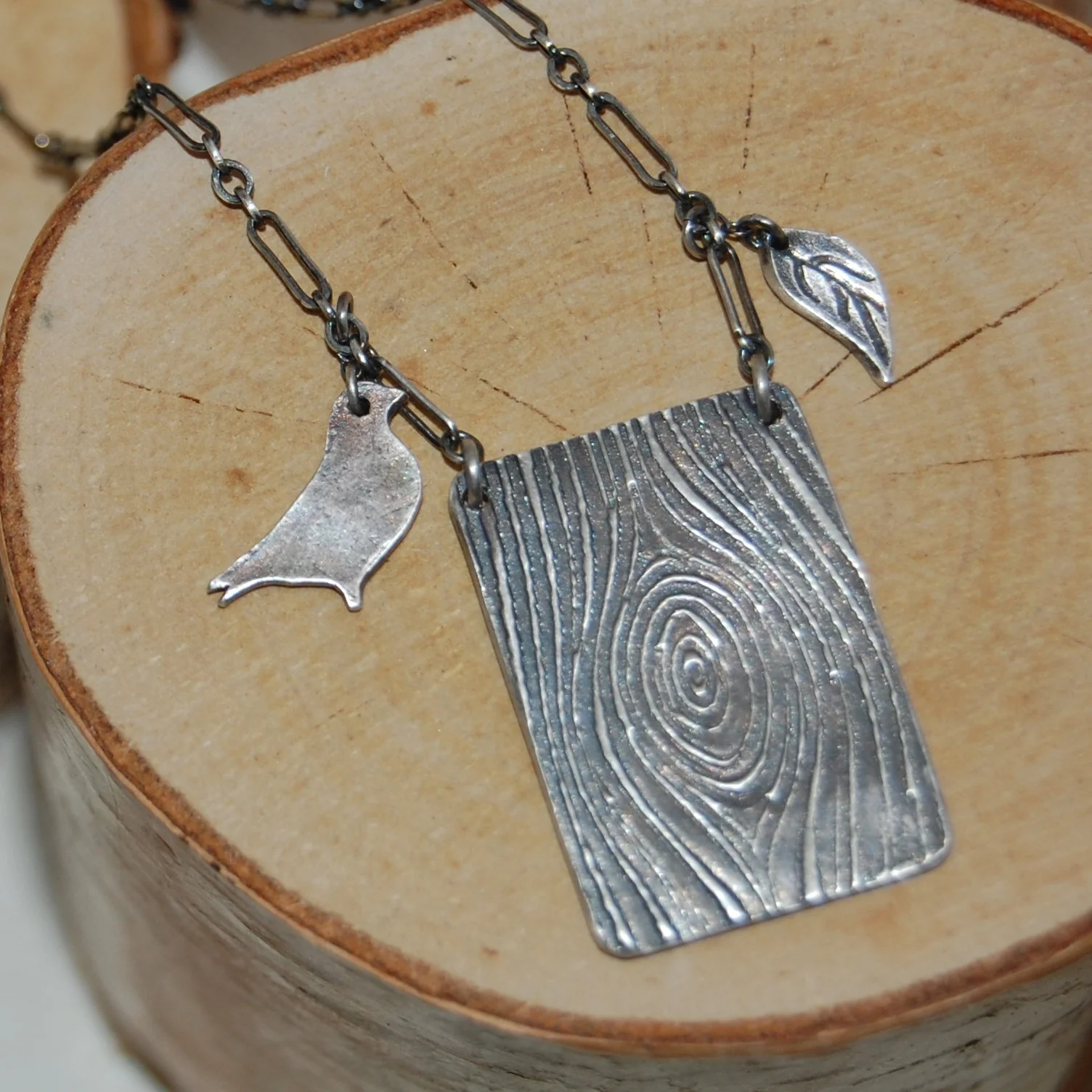 Bird + Bark- oxidized, silver pendant