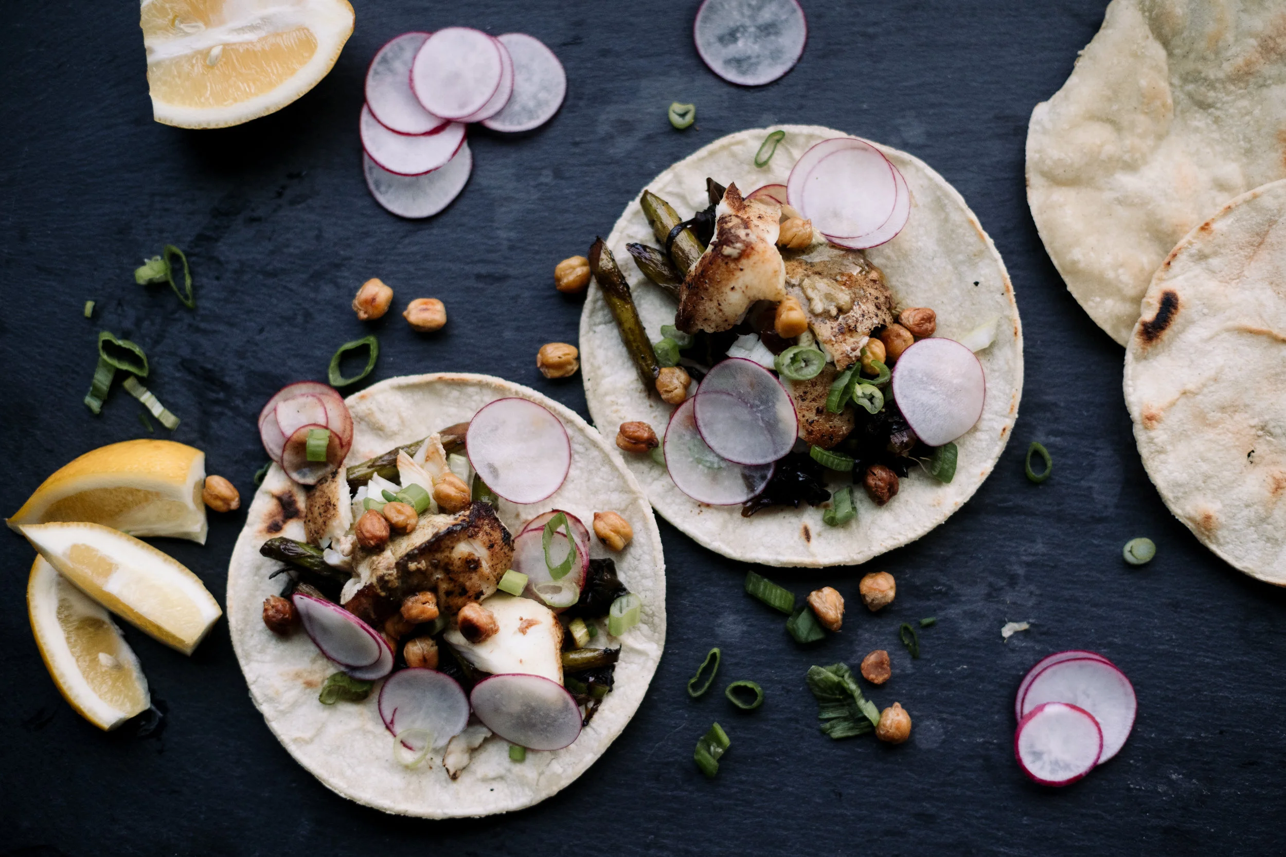 Halibut Tacos with Asparagus Wakame Slaw &amp; Sriracha "Crema"