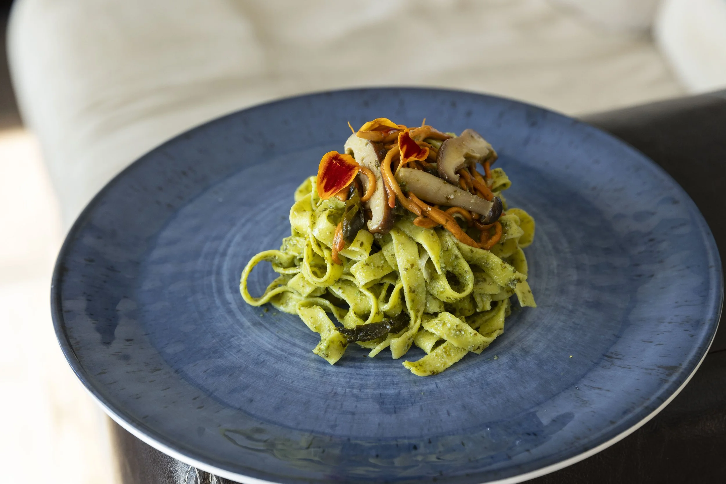 Tagliatelle Pasta with Sautéed Mushrooms and Vegan Seaweed Pesto