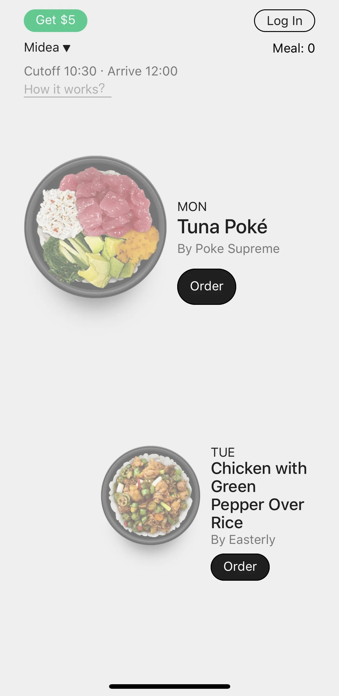 Touch Log in to input phone number. Touch food image to explore the whole menu.
