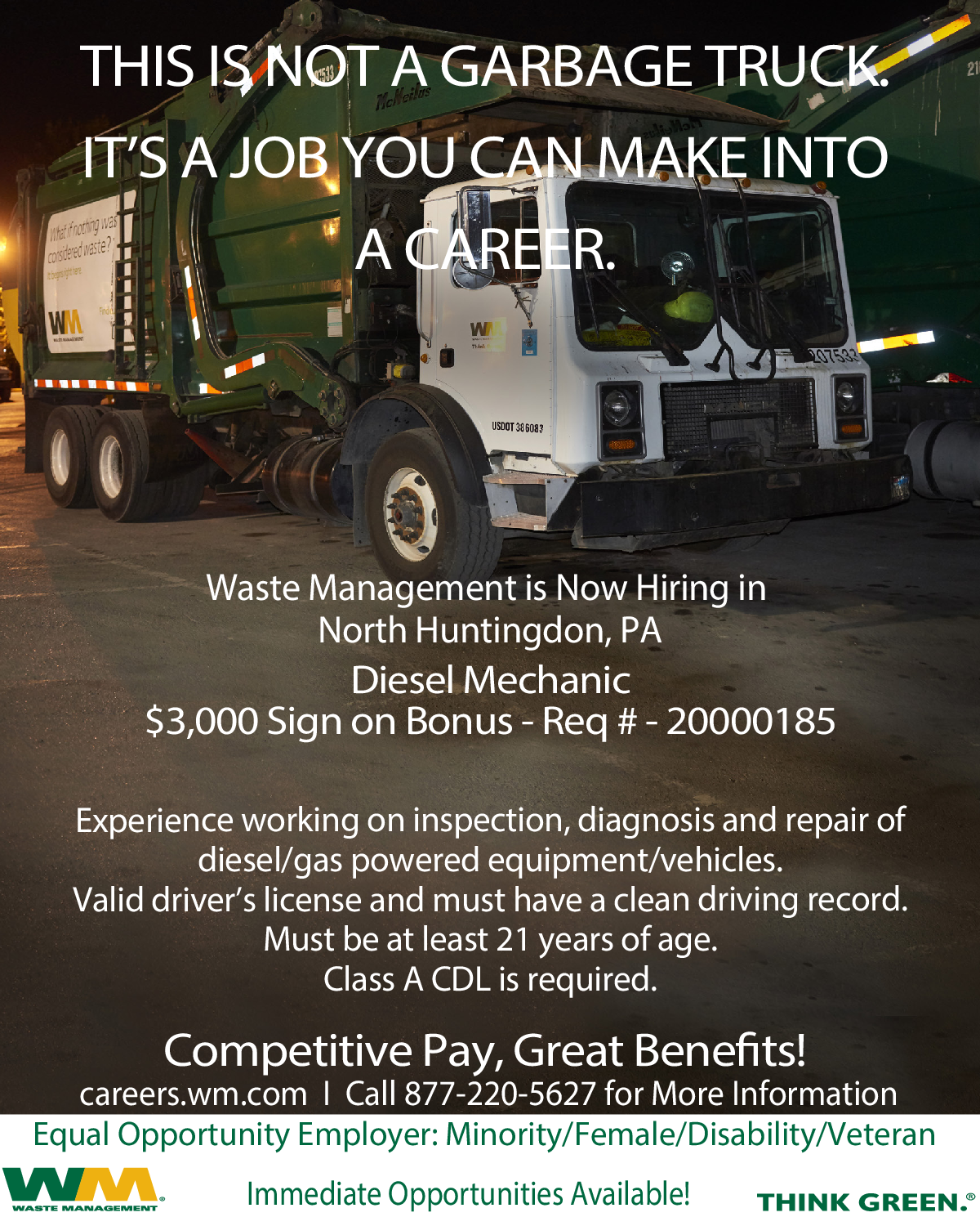  IMMEDIATE NEED for Diesel Mechanic: Waste Management Job Opportunity - North Huntingdon, PA