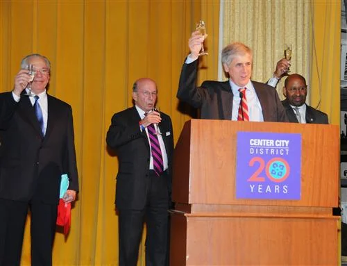 Zuritsky (far left) with Paul Levy of Center City District (podium) and Mayor Nutter (far right.) Credit: Philly Chit Chat