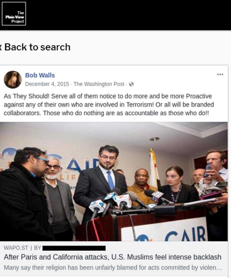  Facebook post by Bob Walls archived in The Plain View Project - says that Muslims must be more proactive against those involved in terrorism or all will be branded collaborators. 