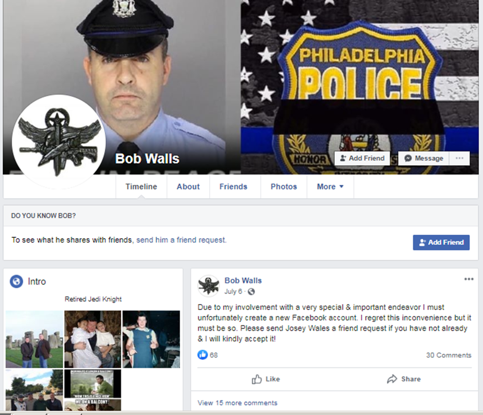  Bob Walls Facebook profile saying he has created a new Facebook account “Due to my involvement with a very special &amp; important endeavor” 