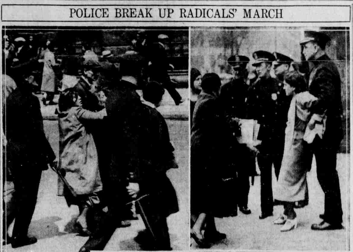   “Police break up radicals’ march,” Philadelphia Inquirer, May 1, 1932. Left image shows an officer with a nightstick grabbing a woman, right image shows an officer detaining a woman with her arms behind her back.  