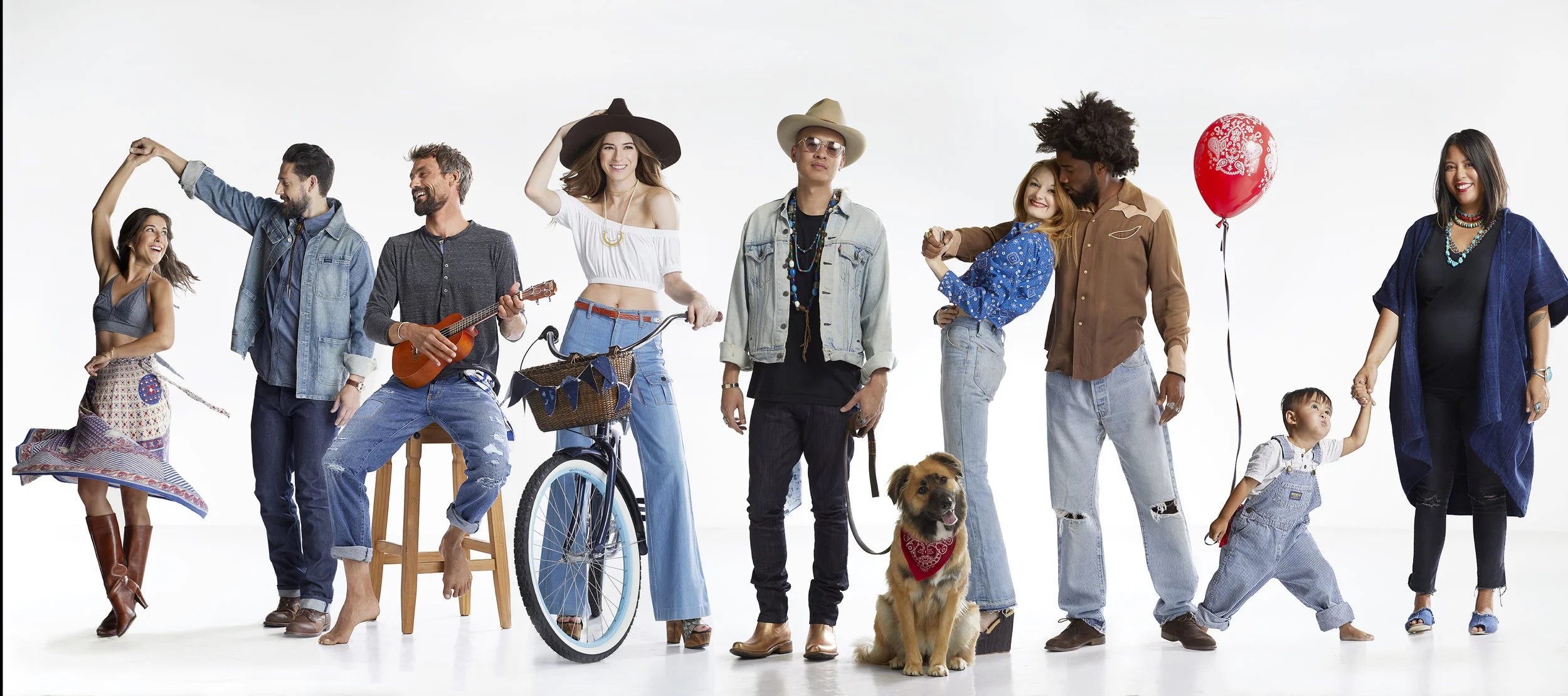 Photography by Bonnie Holland Fashion & Model Credits: Denim Crawford & Vintage Co.-- Marlene Martinez in Chambray Halter + Vintage Wrap Skirt , Devin McGovern in Denim Barn Coat + Chambray Button Up + Straight Selvage Jeans, Daniel George in Charcoal Henley + Patched Denim Jeans, Amelia Thomas in Fair Season's Crop Top + Boyscout Bells, Fabrice Guyont in Vintage Jean Jacket + Skinny Jeans + PS Kaufman Gold Boots, Zion The Dog in Vintage Red Bandana, Christian Twillegar in Vintage Western Shirt + Rebuilt Vintage Bells, Jason Sneed in Vintage Western Shirt + Vintage 501's, Jack Kousonsavath in Vintage Railroad stripe Overalls, Justine Kousonsavath in Indigo Mudcloth Kimono + Fair Season's Denim slides