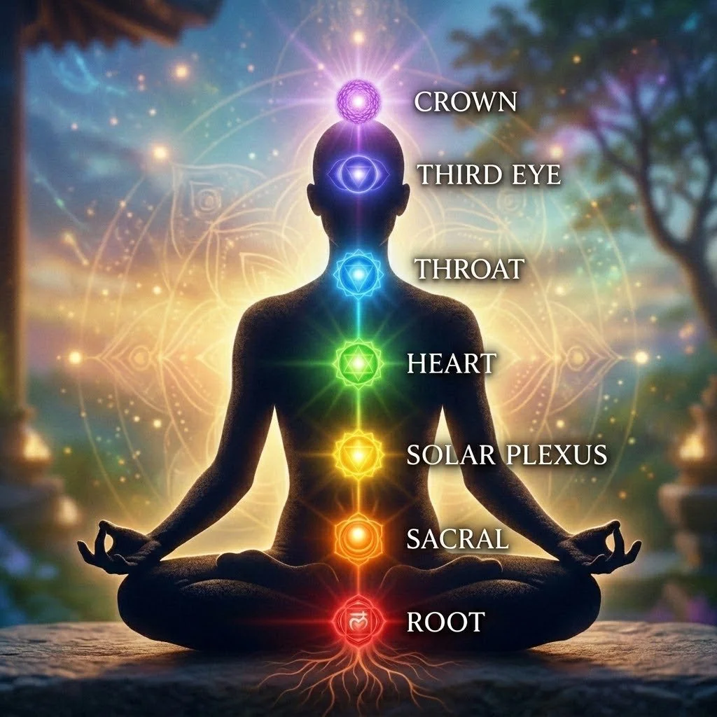 A person meditating in a yoga pose with illuminated chakras aligned along the body. The chakras are labeled from bottom to top as Root, Sacral, Solar Plexus, Heart, Throat, Third Eye, and Crown, each represented by a different color and symbol.