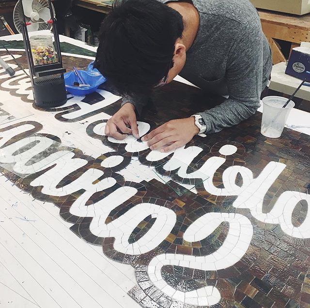 In the midst of preparation for the first annual Tour de Tieton, Tieton Mosaic is busier than ever with a two-sided mosaic. The studio is creating a commissioned piece for Yakima Federal Savings, the first to be on display in downtown Yakima. This pi