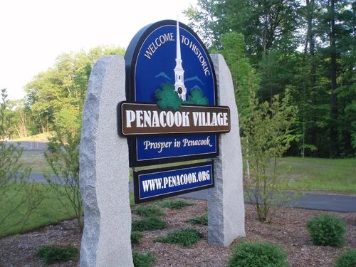Penacook Village sign with granite posts