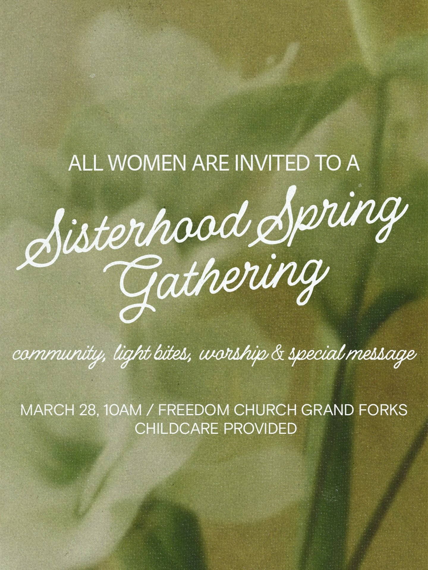 Women, save the date! 🌷Our next Sisterhood Gathering is March 28th at 10am at Freedom Church Grand Forks!
Come enjoy a morning of worship, light bites, and connection! Childcare is provided, so bring your friends and we&rsquo;ll see you there! 🙌