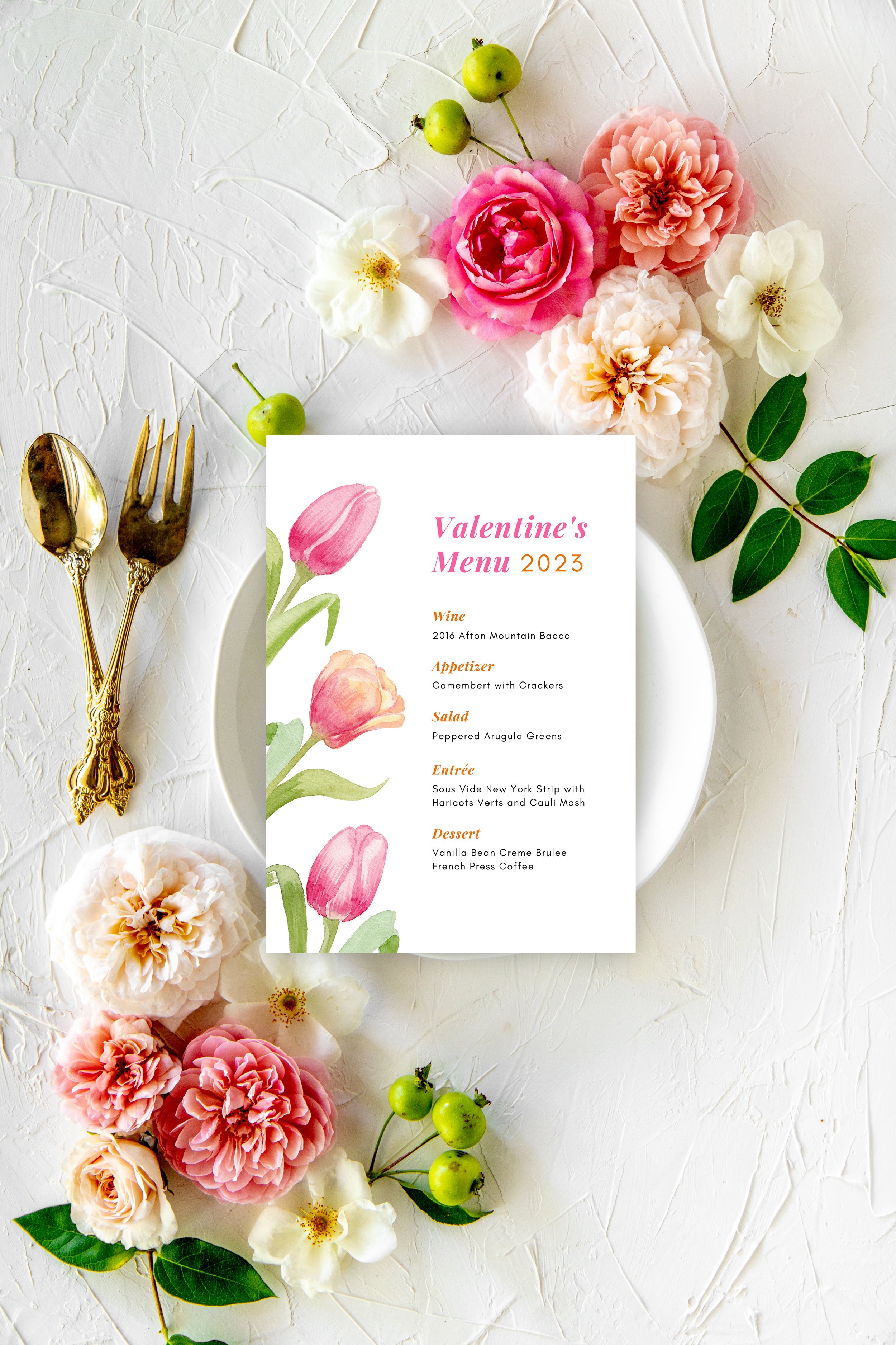 Watercolor Tulip Valentine's Menu Printable Editable Instant Download