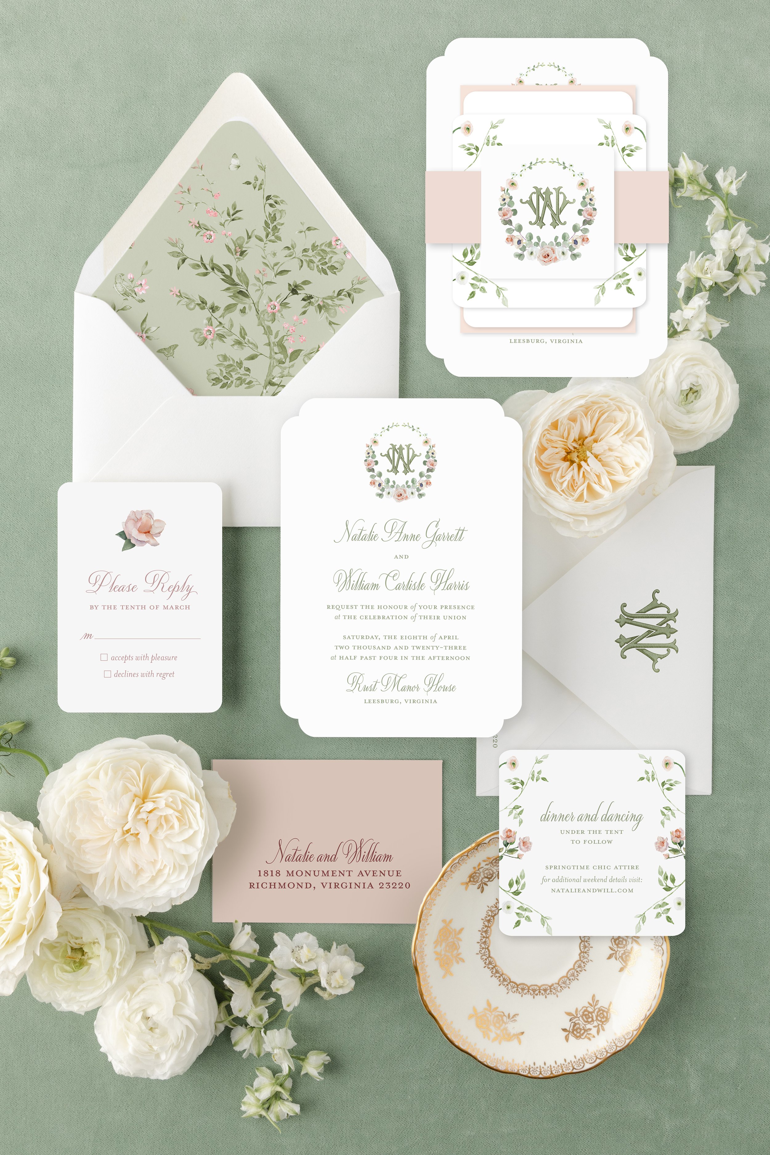 Sage Green &amp; Blush Pink Chinoiserie Invitation