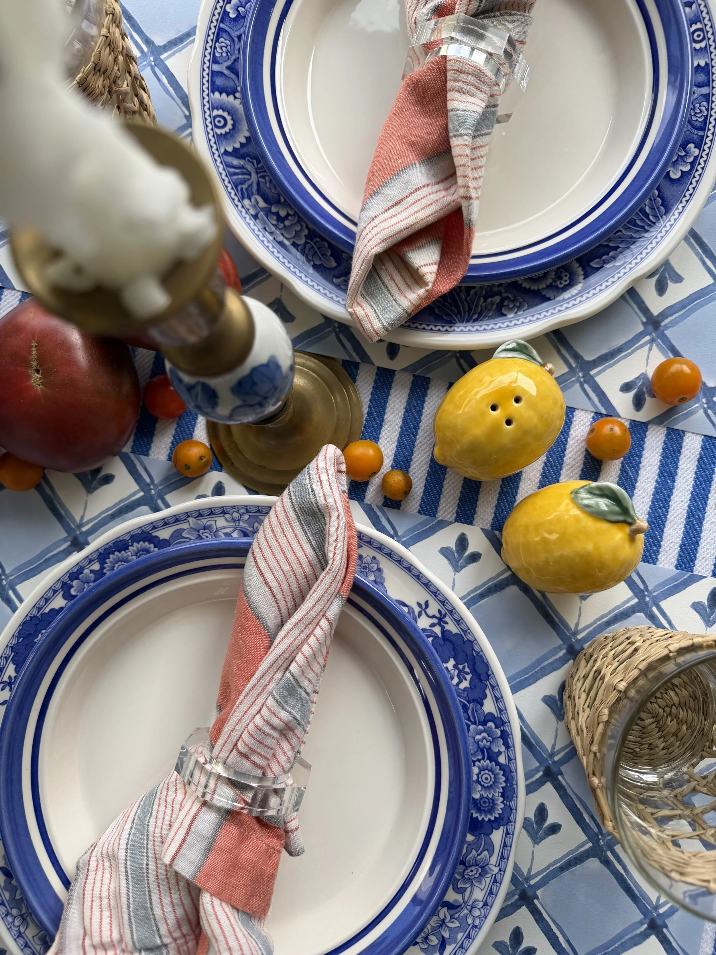 Mediterranean Summer Tablescape with Blue and White Tomatoes and Lemons