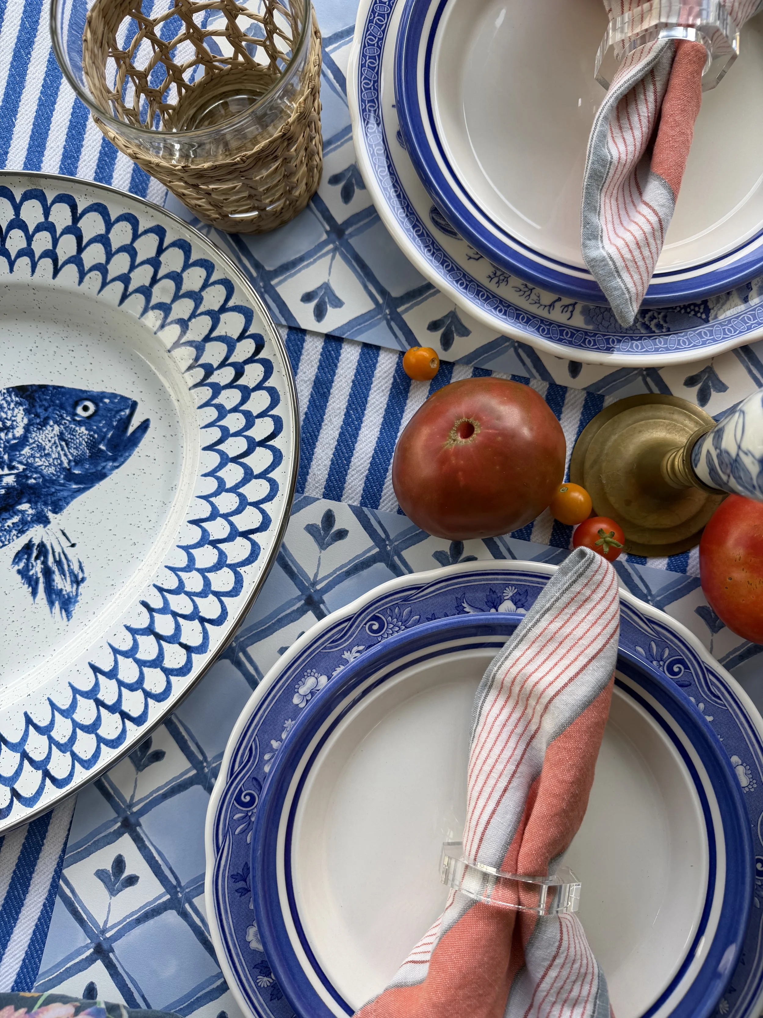 Amalfi Tablescape Blue and White Fish Platter and Tomatoes