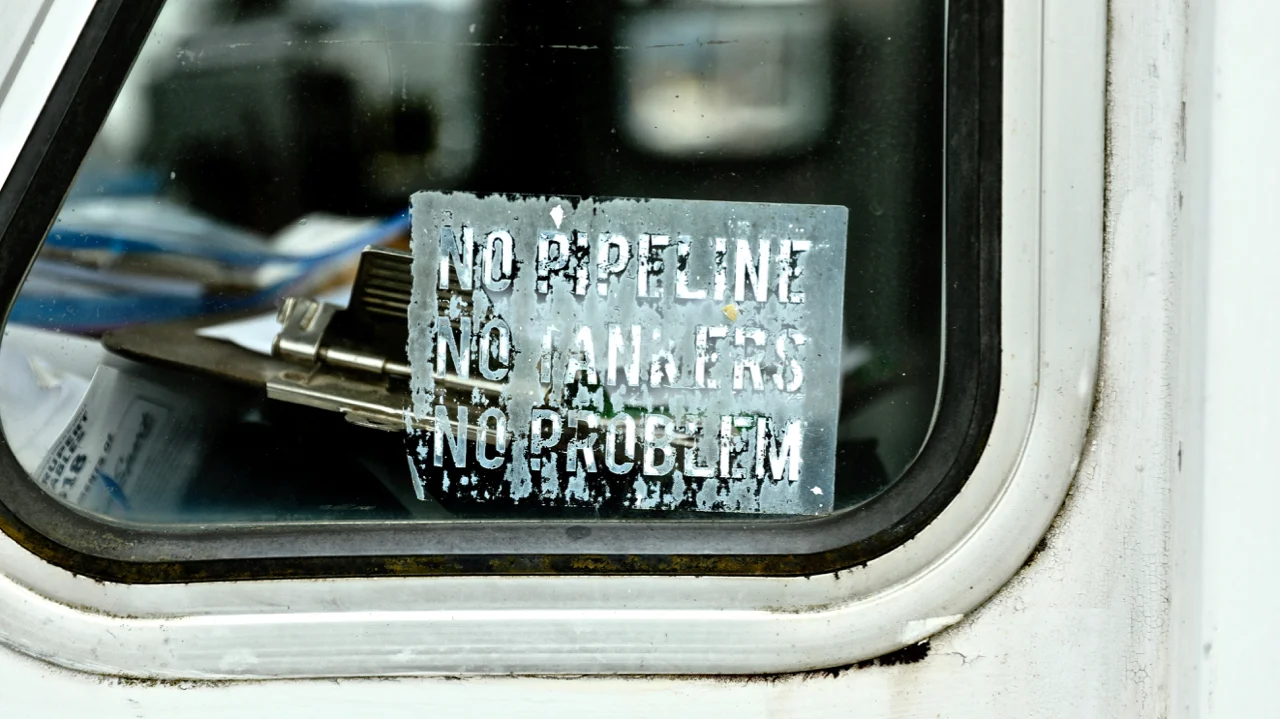 Sticker in the window of a commercial fishing vessel, Prince Rupert, BC