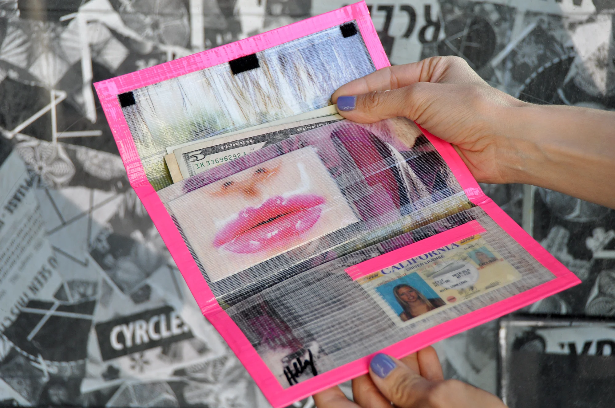 Magazine collage duct tape wallets