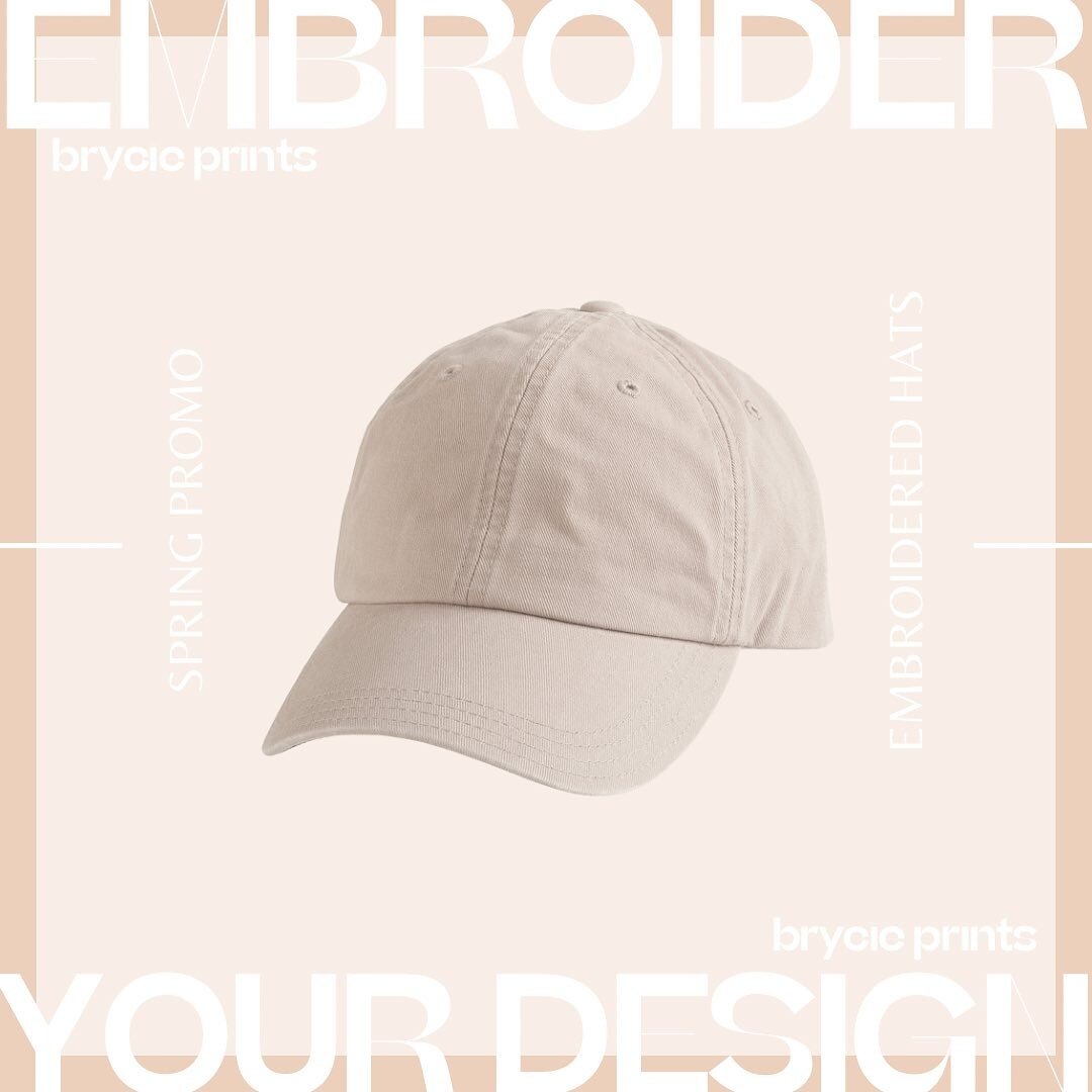 Sun&rsquo;s out&hellip;promo out (sorry 🤷🏻&zwj;♀️)! We have an amazing offer on embroidered hats. Here are the details:

- Your design embroidered on the front of an Alternative Basic Chino Twill Cap (khaki (shown), black &amp; white only)
- 12 pie