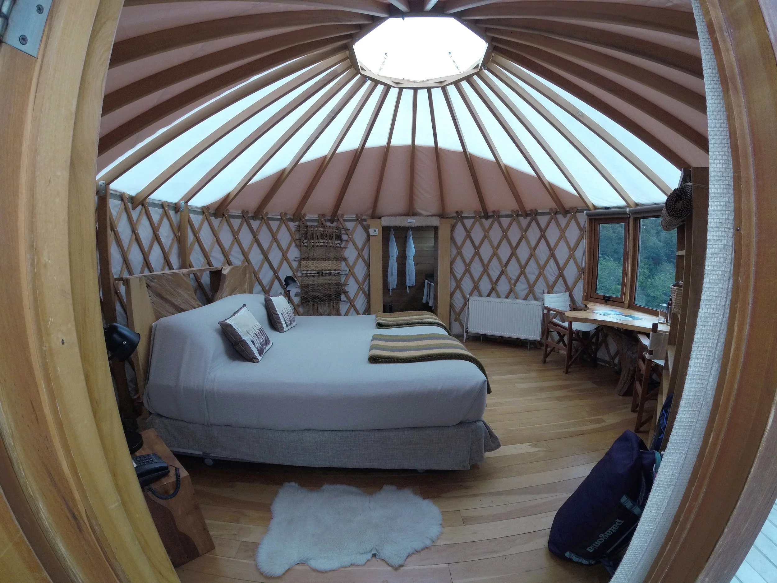 Each yurt has a radiator, attached bathroom, and tons of cozy blankets.