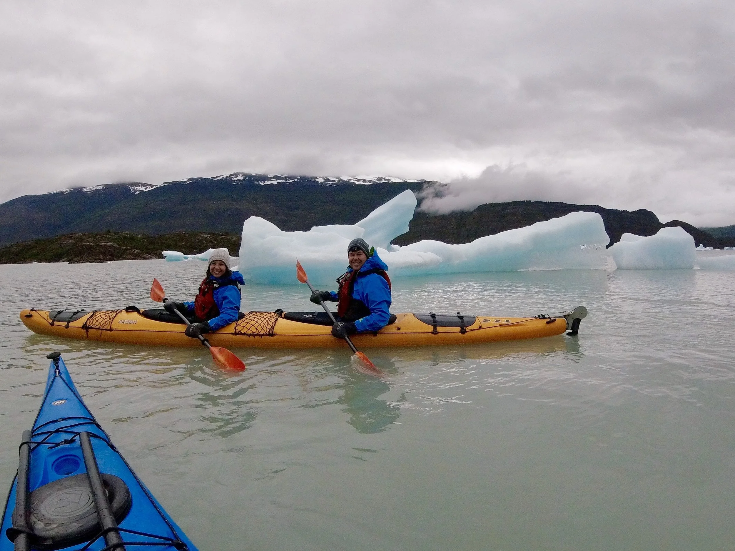 Kayaking around the icebergs in Grey Lake.