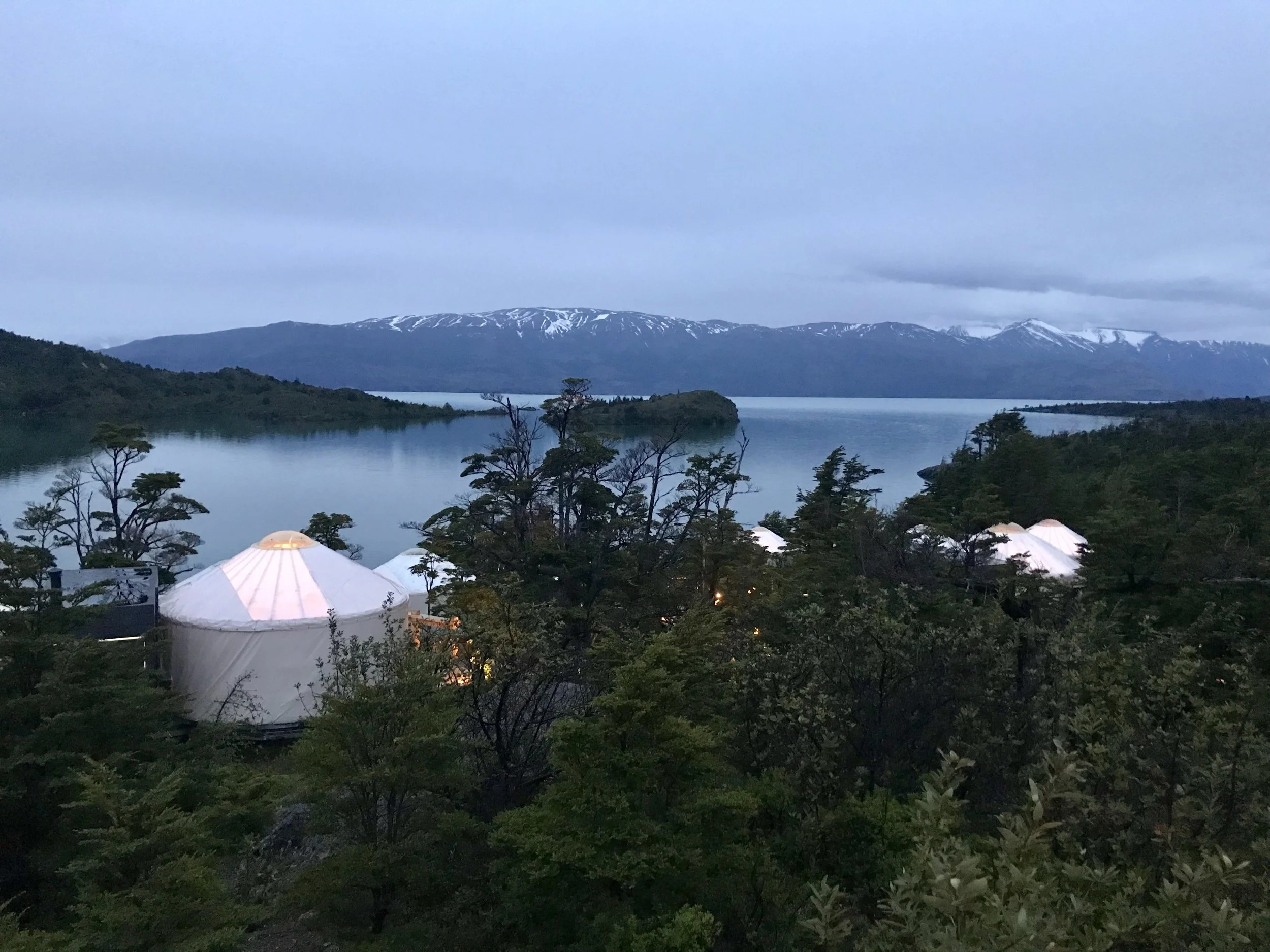 The yurts overlook Lago Bonita. On a clear day, you can see the base towers in the distance.