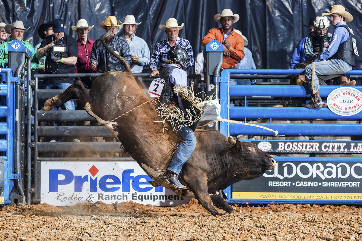 Stepheville’s Tyler Taylor on Mike Rawson’s 9100 Kojack, both headed to the Bull Bash this weekend.