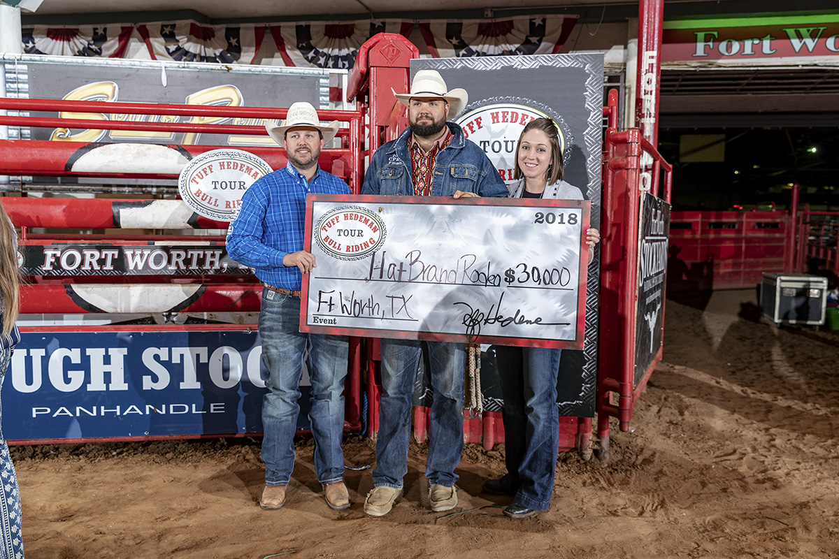 Hat Brand Rodeo brings 251 Scooby to the bucking bull fans in Jacksonville. Dalton Bates and Lacy Nichols of Hat Brand accepting the Bull Team Win check at the Tuff Hedeman Fort Worth Challenge.