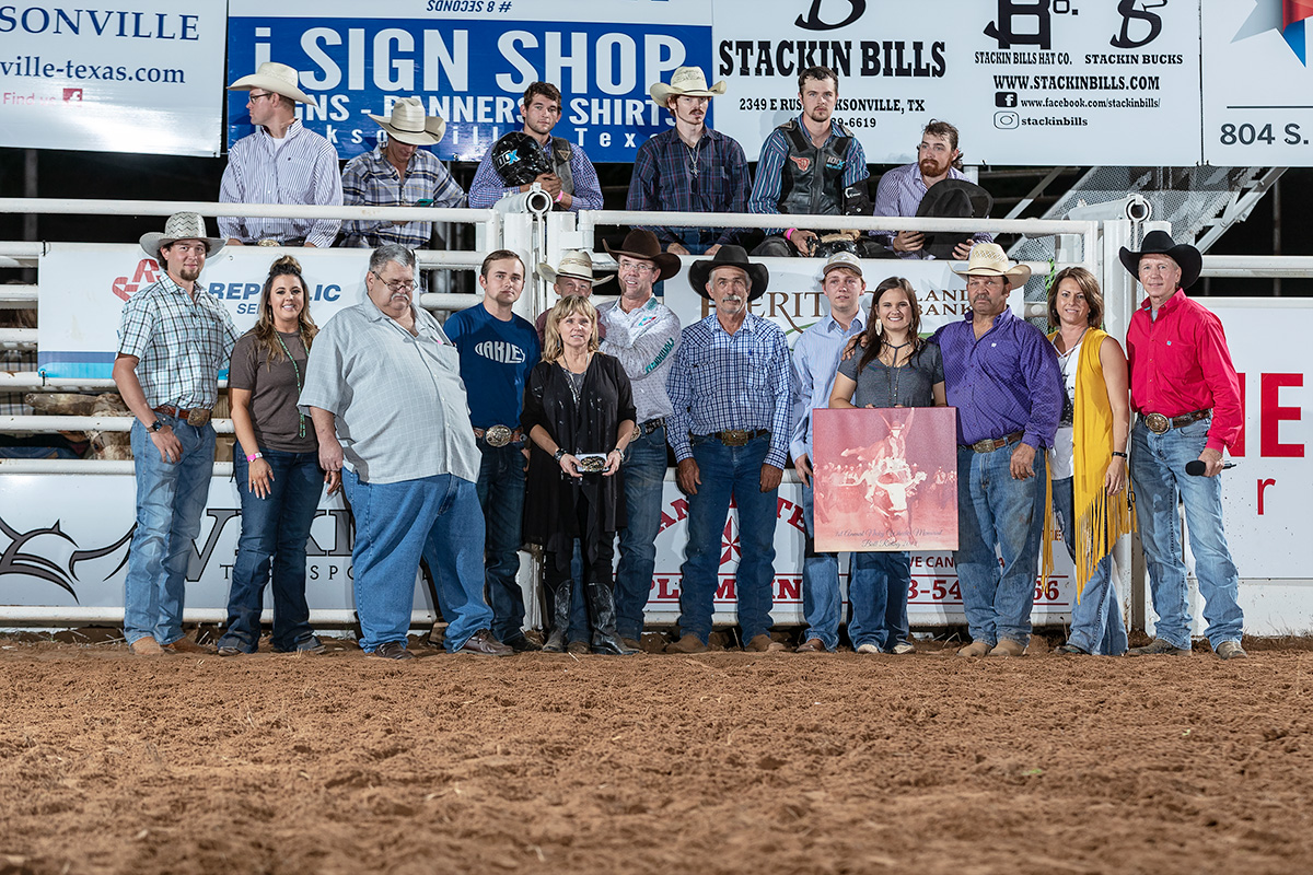 Celebrating the life and legend of Nicky Wheeler, an intermission tribute by Terry Holland and buckle presentation to Beverly Wheeler. Brian and Haley Beasley, Terry Williams, Cole Wheeler, Tuff Hedeman, Mike Rawson, Blake Wheeler, Lacee, Jeff, and Susan Harris, and Terry Holland.