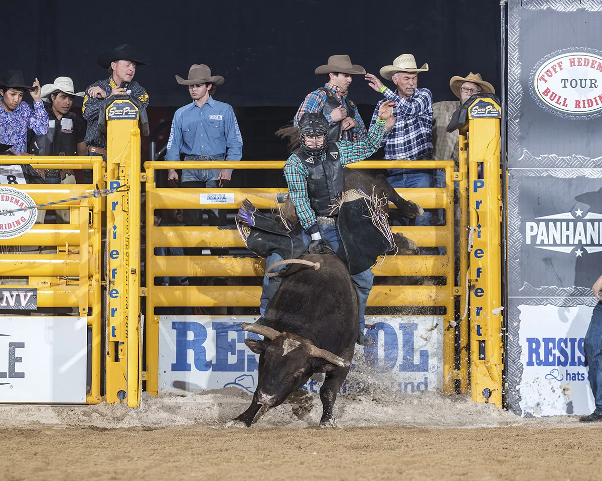 Radley rides Mike Rawsons Kojack for 88 points at the 2018 Tuff Hedeman Bull Riding at the South Point Hotel and Casino Equestrian Center.