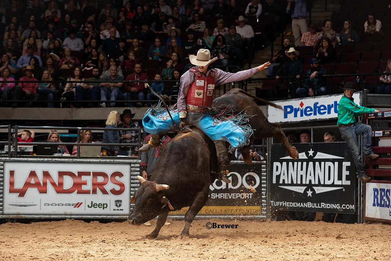 Roscoe Jarboe, New Plymouth, Idaho rides 67 B Bumblebee for 90.5 points in the Shoot Out round to win the Eldorado Resort Casino THBR presented by Landers Chrysler Jeep Dodge Ram at the CenturyLink Center in Bossier City, Louisiana.
