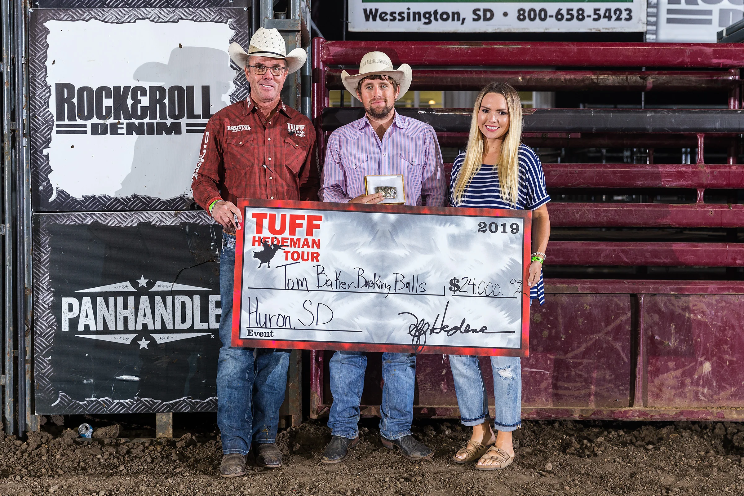 Chase Foutch accepts the win for Tom Baker Bucking Bulls at the Red Wilk Construction Bull Bash. Foutch hauled and flanked the first and second place teams on night one in Huron..