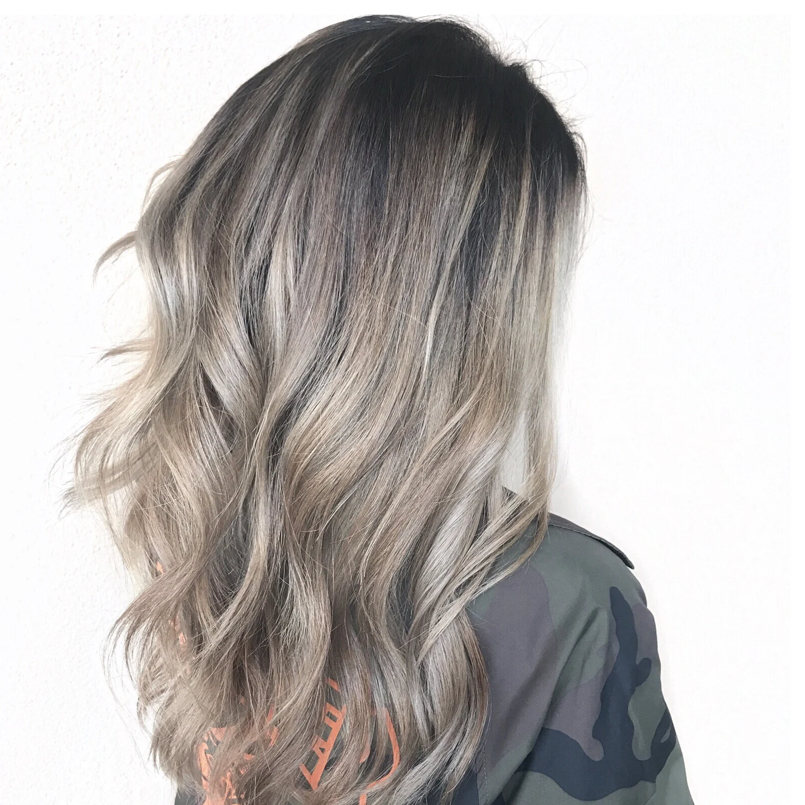 Ash blonde, long layers