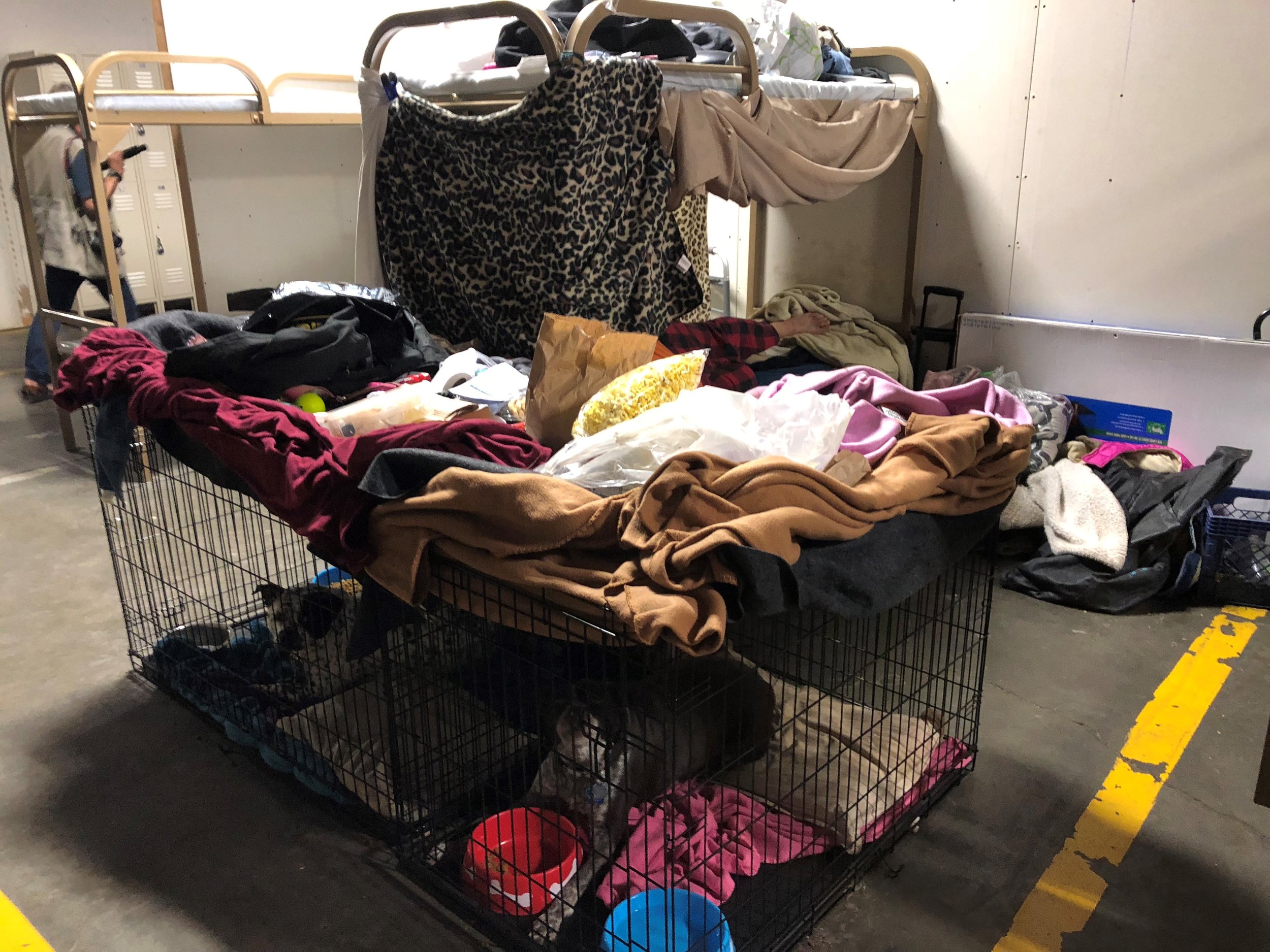 Residents have used blankets to create privacy in their bunks. One thing that sets the Triage Center apart from other shelters is that it accepts pets. 