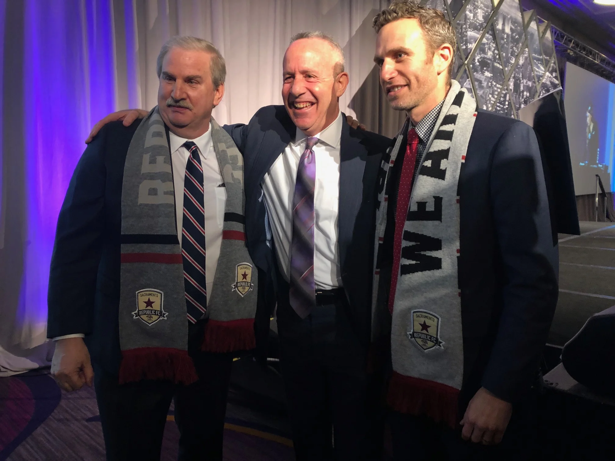 Republic FC’s Kevin Nagle (left) and Ben Gumpert (right) with Mayor Darrell Steinberg