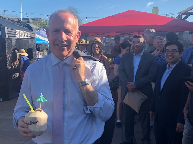 Mayor Darrell Steinberg at Waterfront Gather. In background are Councilmember Eric Guerra (right) and Michael Jasso, assistant city manager.