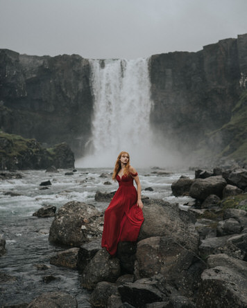 Waterfall portrait of Kelsey Johnson in Iceland by San Francisco photographer Jaclyn Le