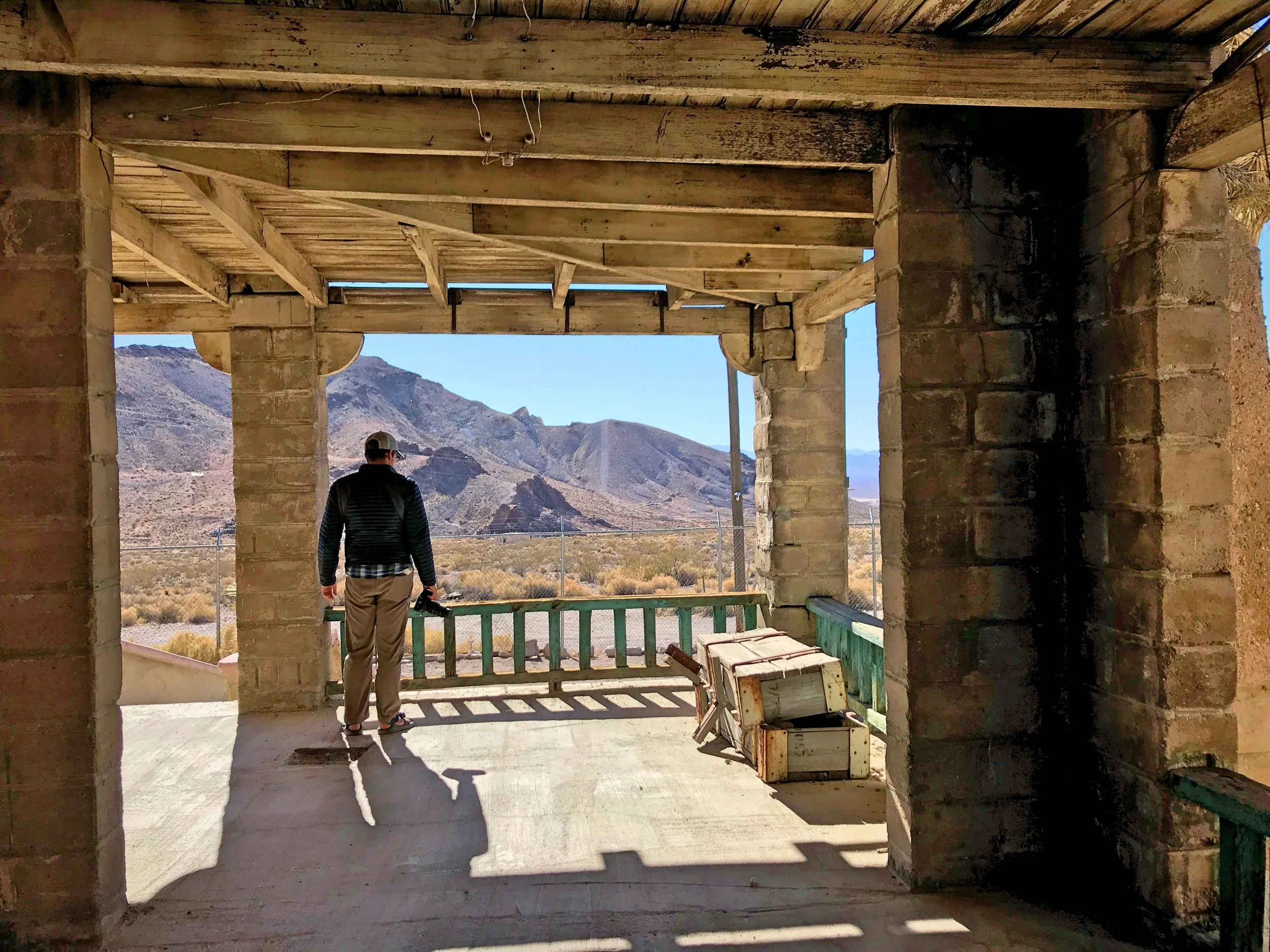 Ian on the porch of the Rhyolite train depot.
