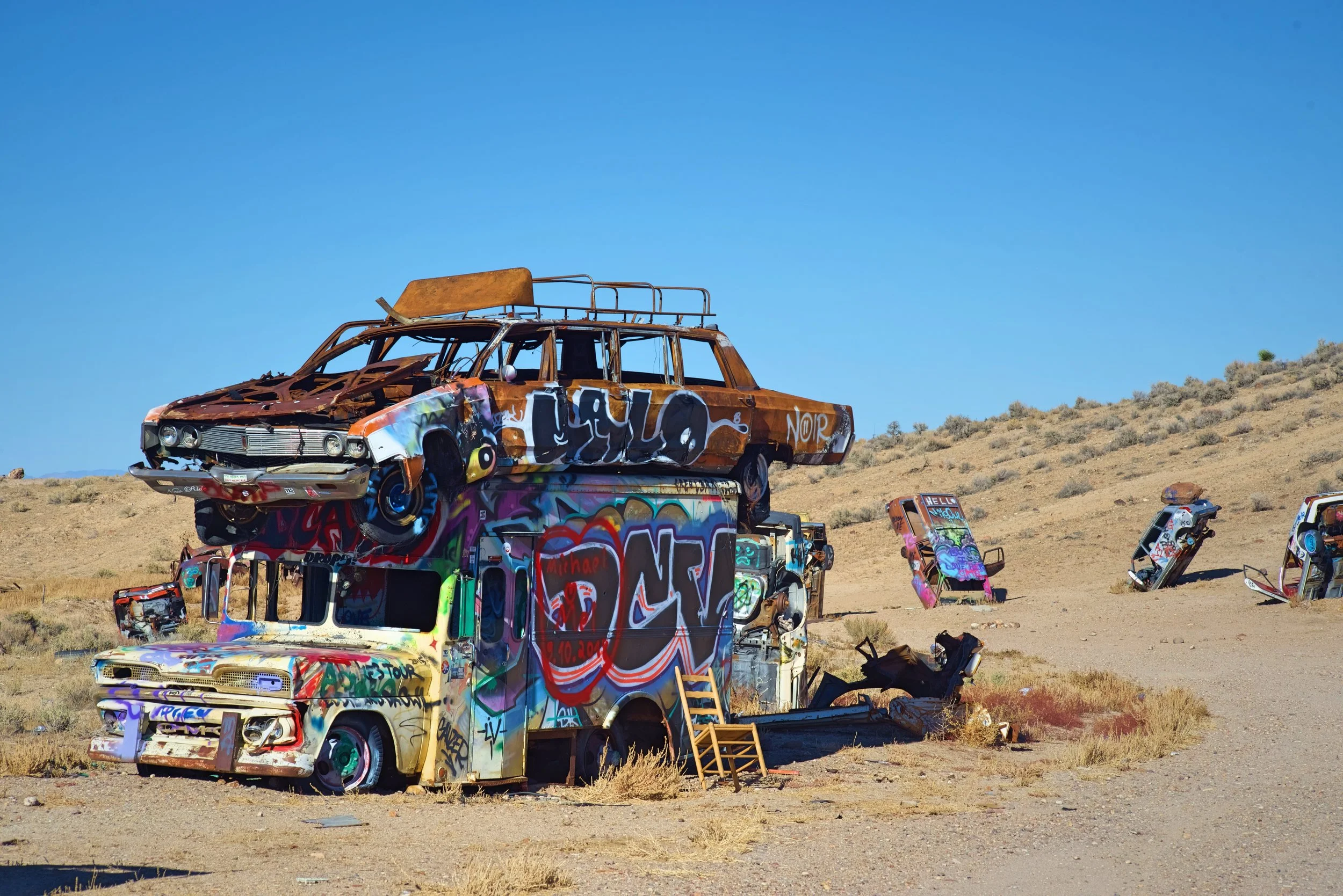 This stacked bus and limo are probably one of the coolest pieces of art in the International Car Forest of the Last Church near Goldfield, Nevada.