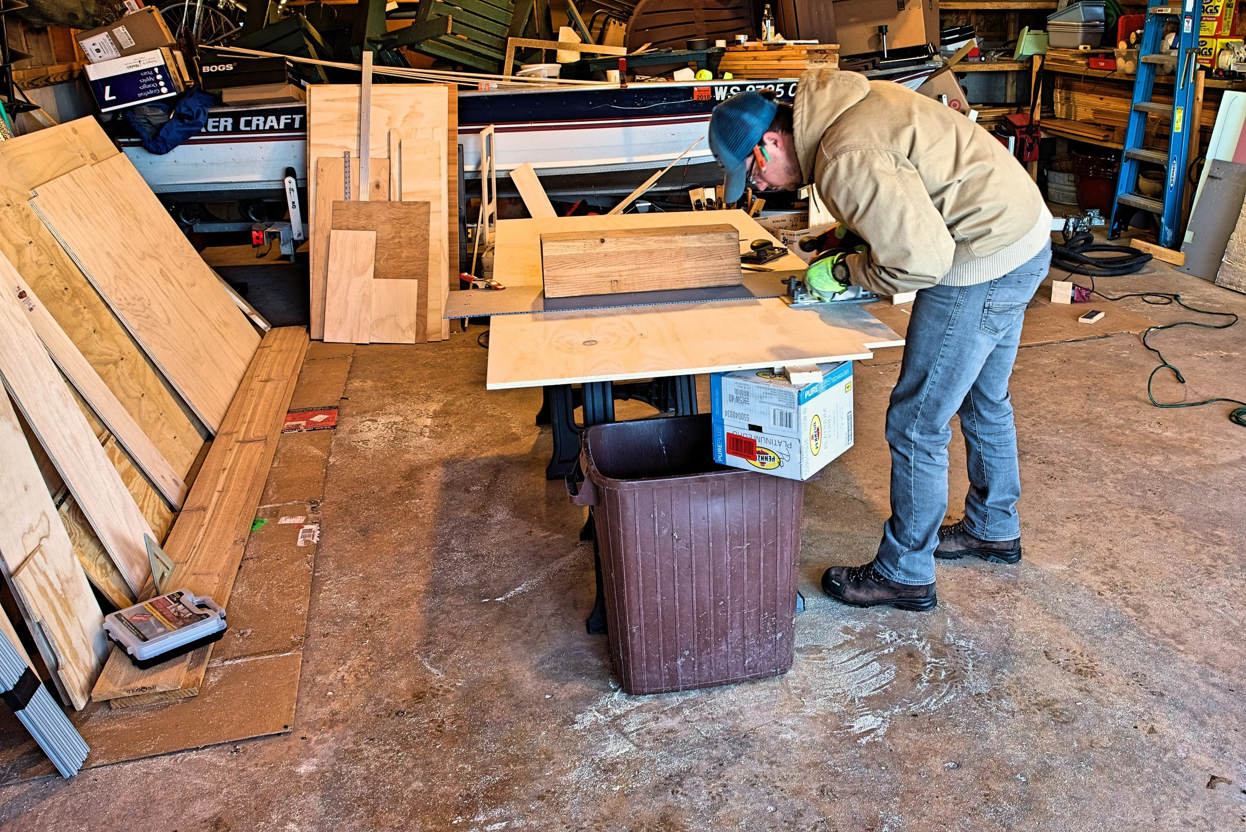 Ian prepares to cut the case of one cabinet. You can support the cut using saw horses if you’re working by yourself.