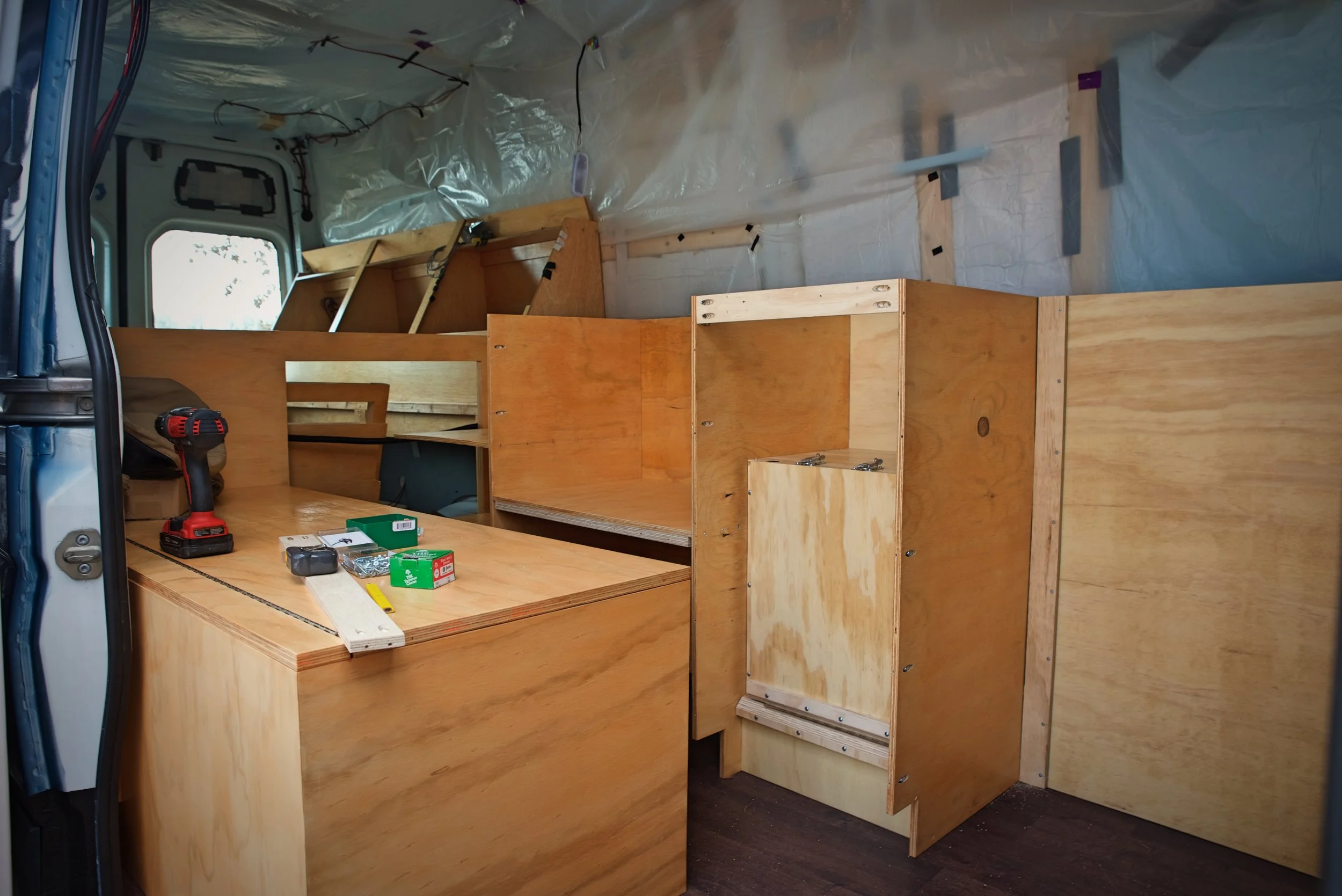 It would have been impossible to move this cabinetry into the van if it were built as one unit.