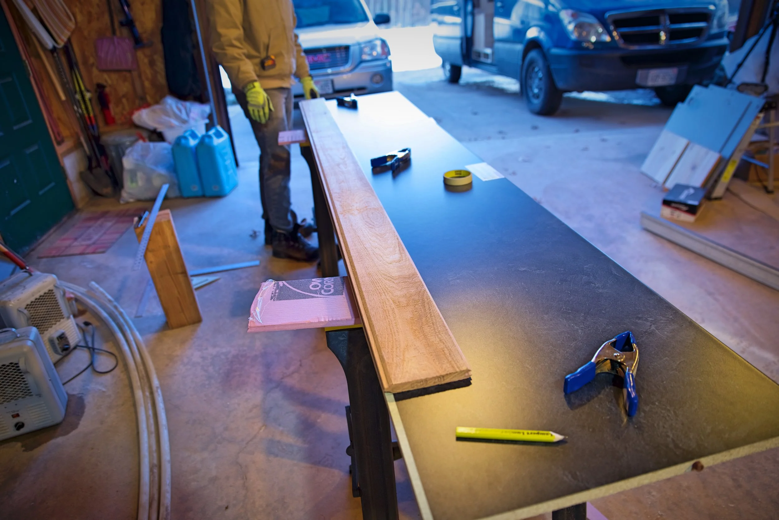This board is the first board in our paneling above the counter, and we used it to make sure we had the right length before cutting our counter.