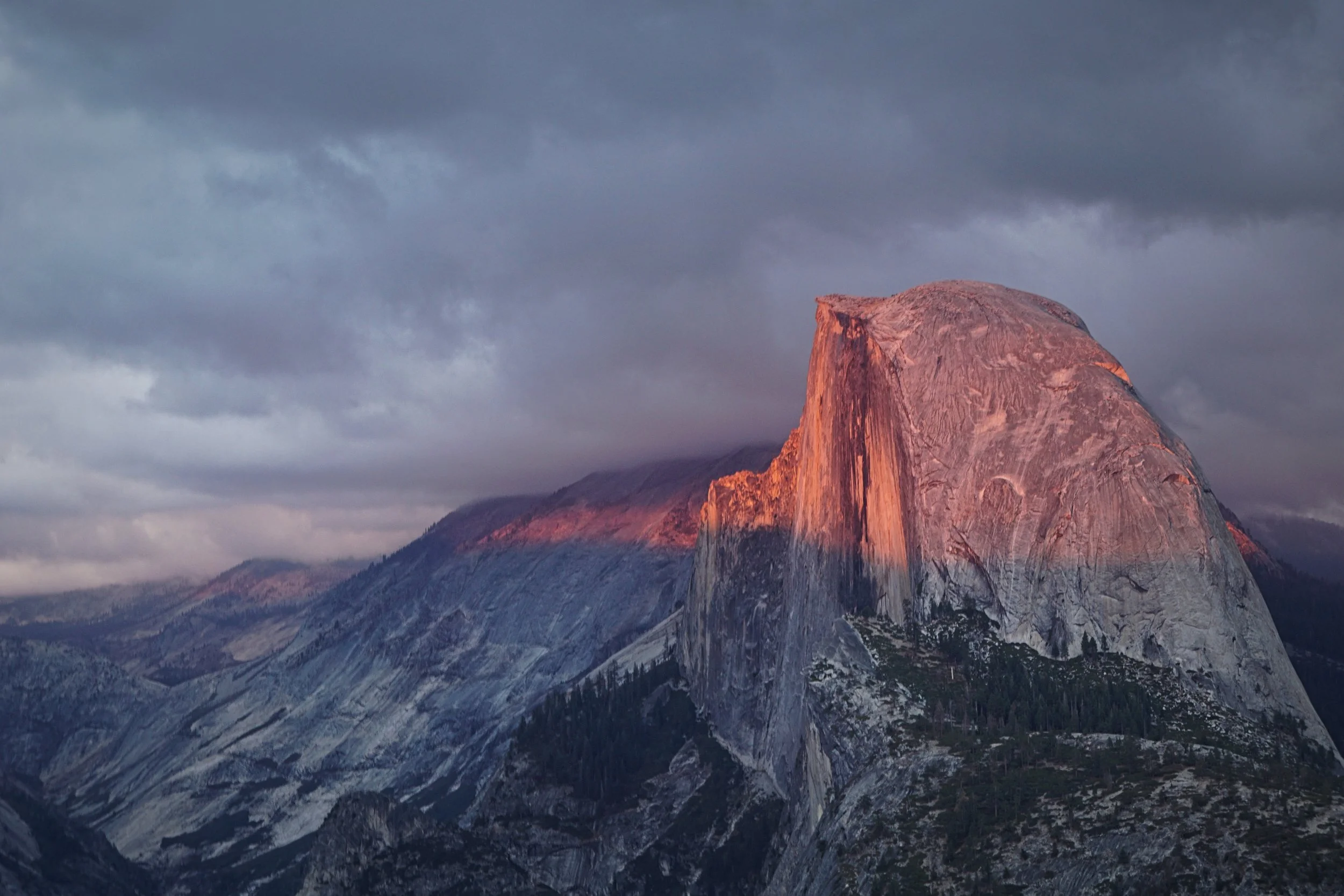 Two nights before we left, we caught a stormy sunset that turned Half Dome a glowing pink from Glacier Point.