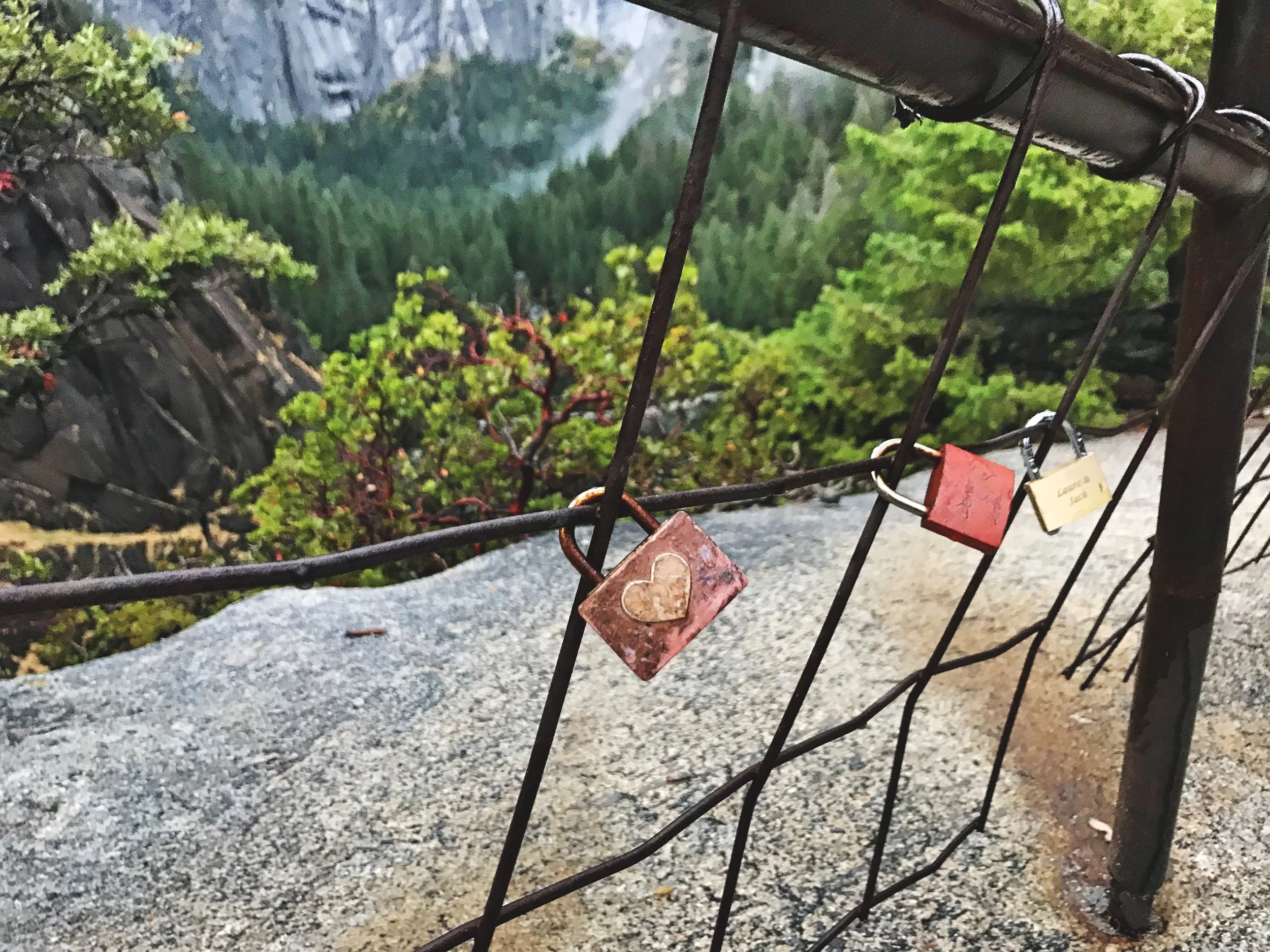 Love locks on the fence at the top of Vernal Falls.