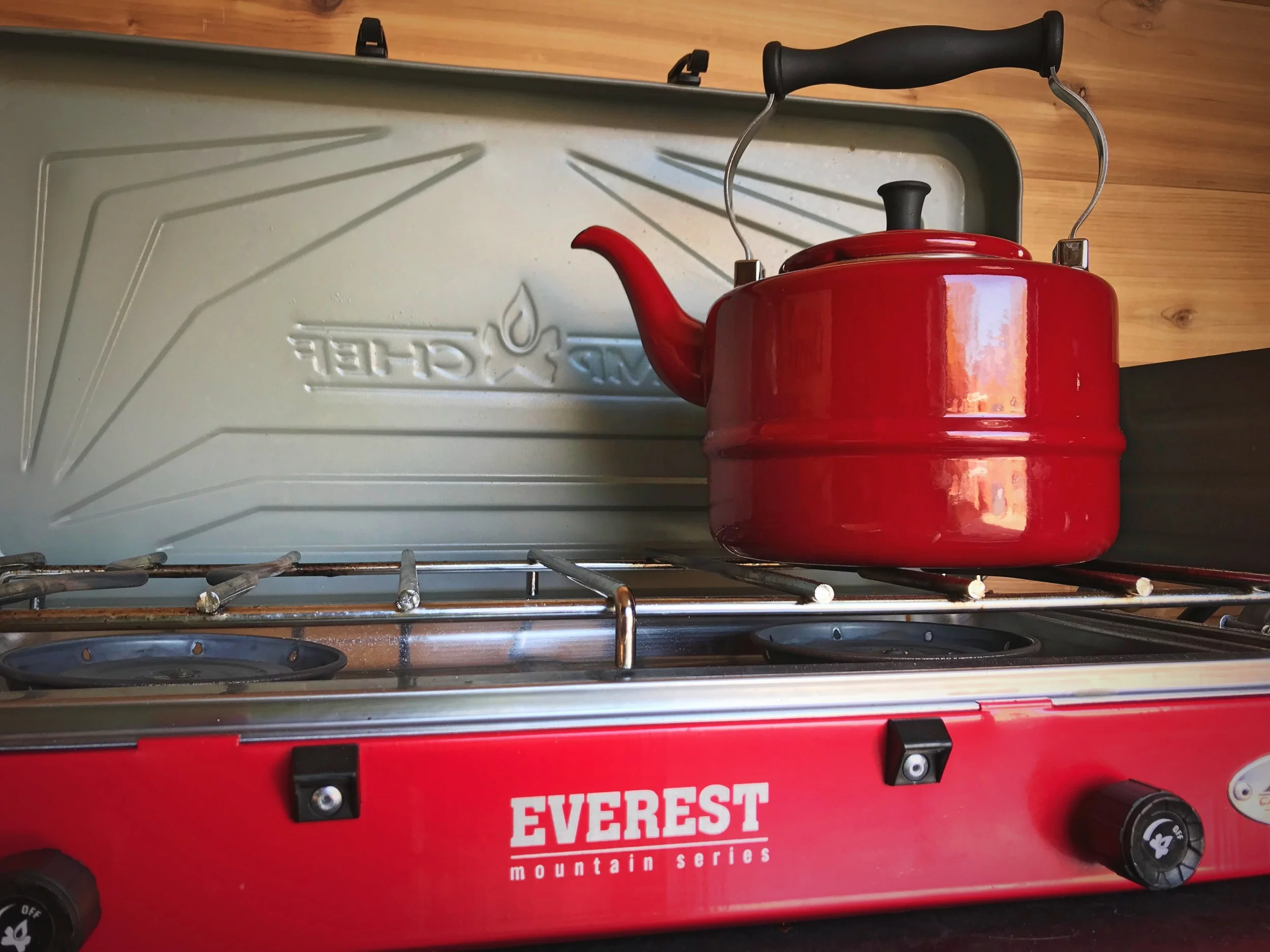 We like the compact shape of this tea kettle, because we can use the other burner while the tea kettle is on the stove.