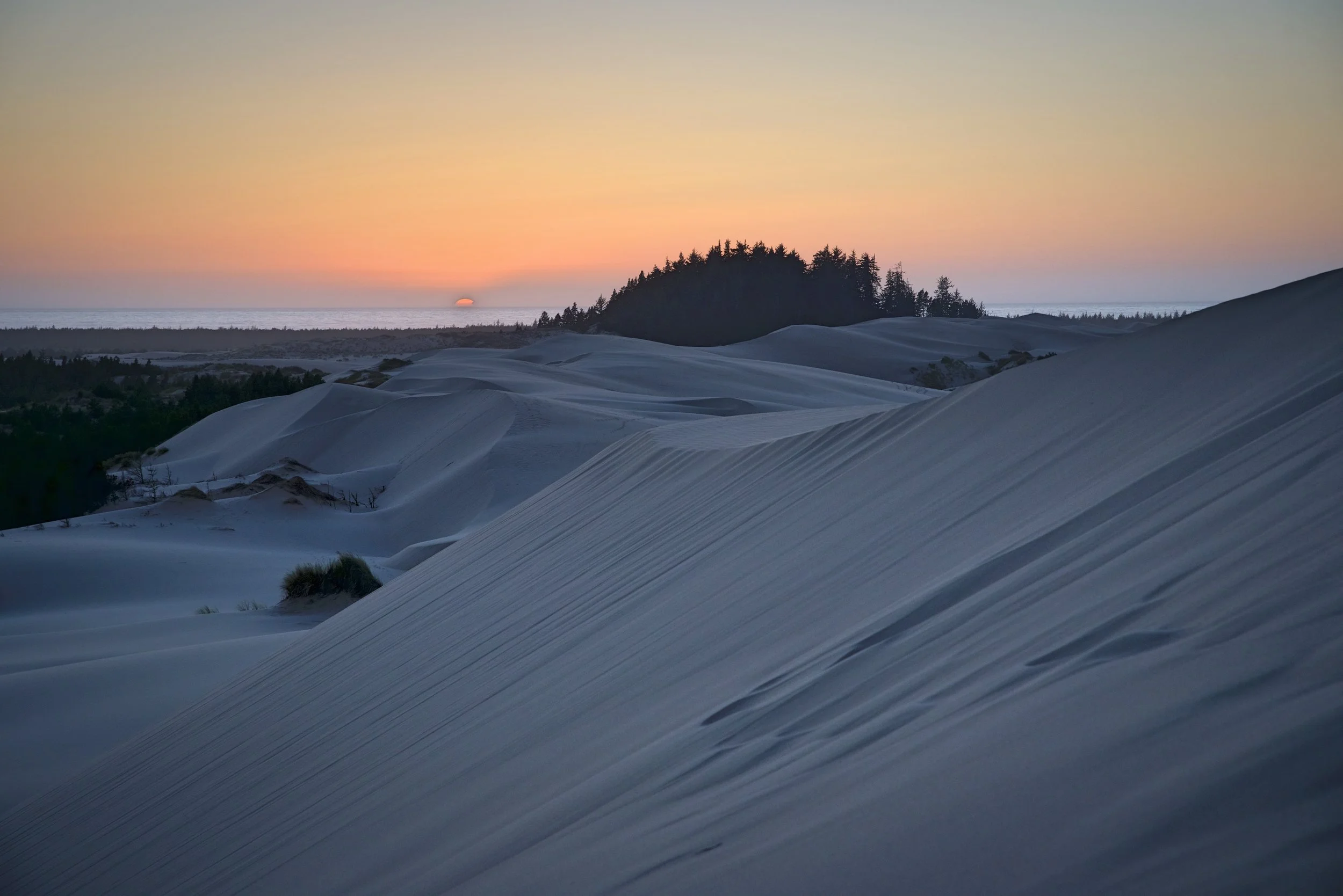 The sand dunes became a blueish gray color as the sun sunk below the horizon.