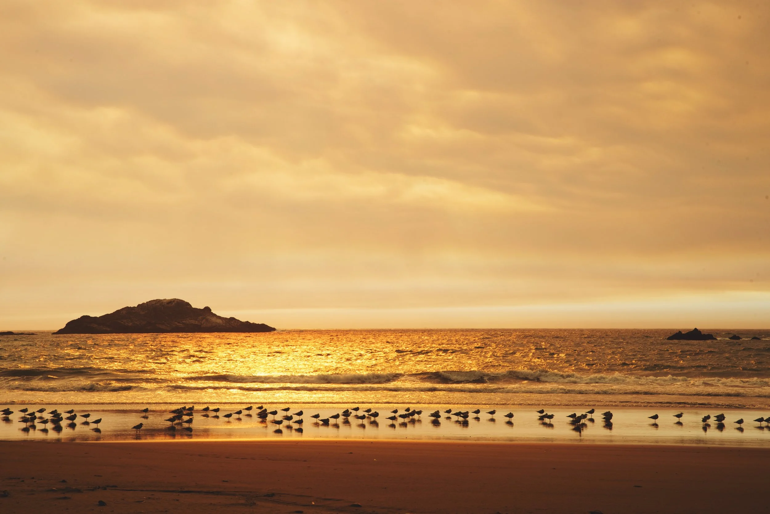 The waves turned a coppery color because of the reflection of the sky.