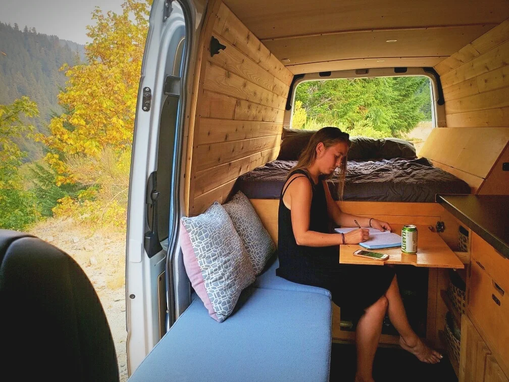 Eating a meal at our fold up van table.