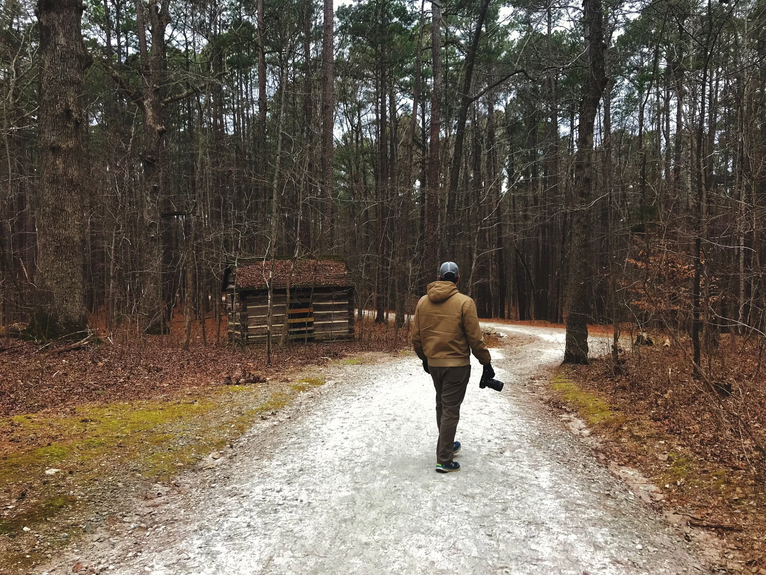 Walking up the trail in William B. Umstead State Park, there is a really cute little cabin.