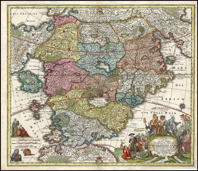 Johann Baptist Homann (1664 - 1724) "Accurata Utopiae Tabula", map of Cockaigne published by Matthäus Seutter, Augsburg, 1730.