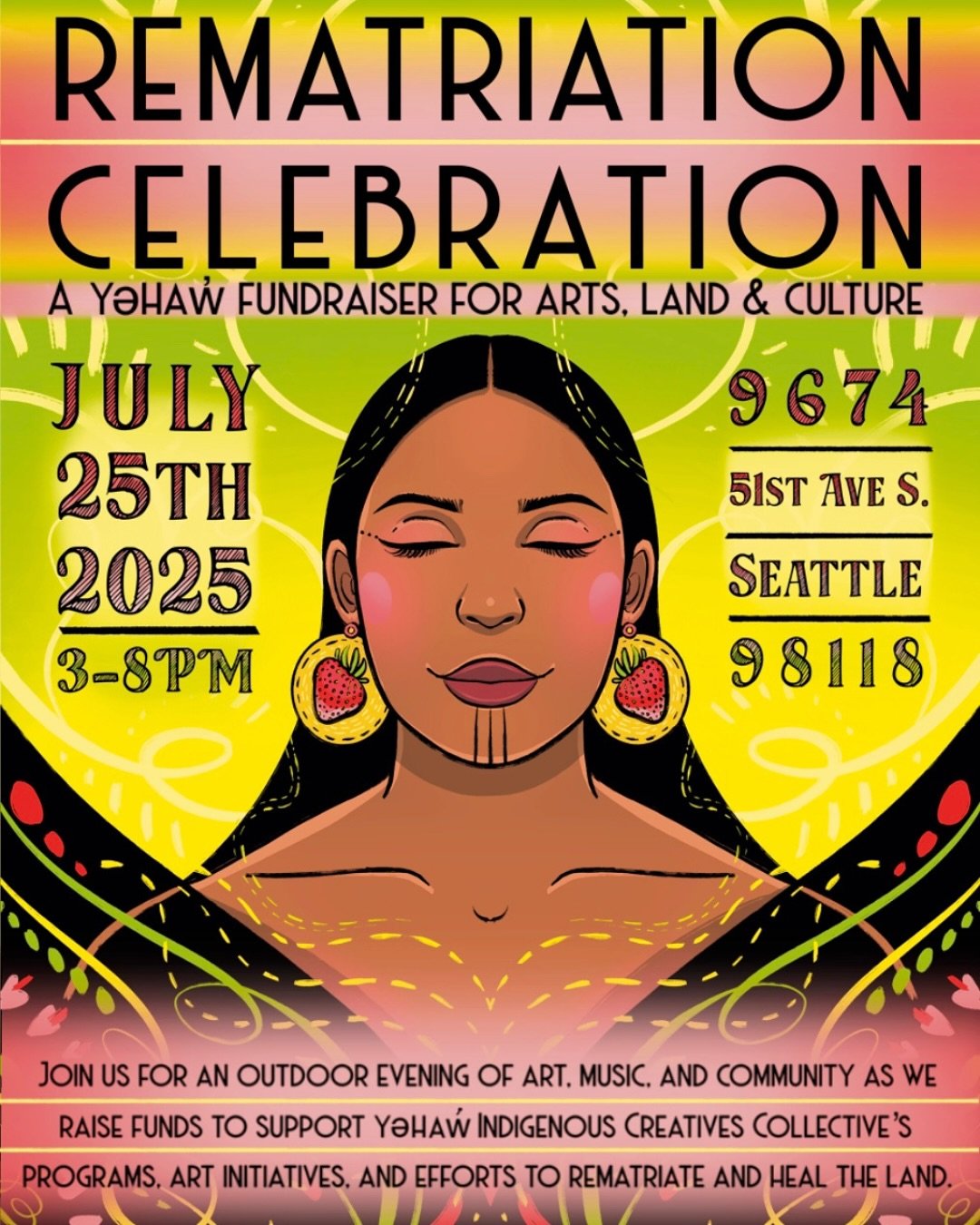 Join us for our Rematriation Celebration! A day of music, dancing, art, food, and family fun&mdash;all while helping us do BIG things for land and Indigenous arts! 

What do we have in store at this event on the land? So Much!
&darr;&darr;&darr;
✨Off